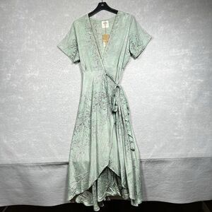 MORA Boho Wrap Dress Women’s Size One Size Green Flare Short Sleeve NWT